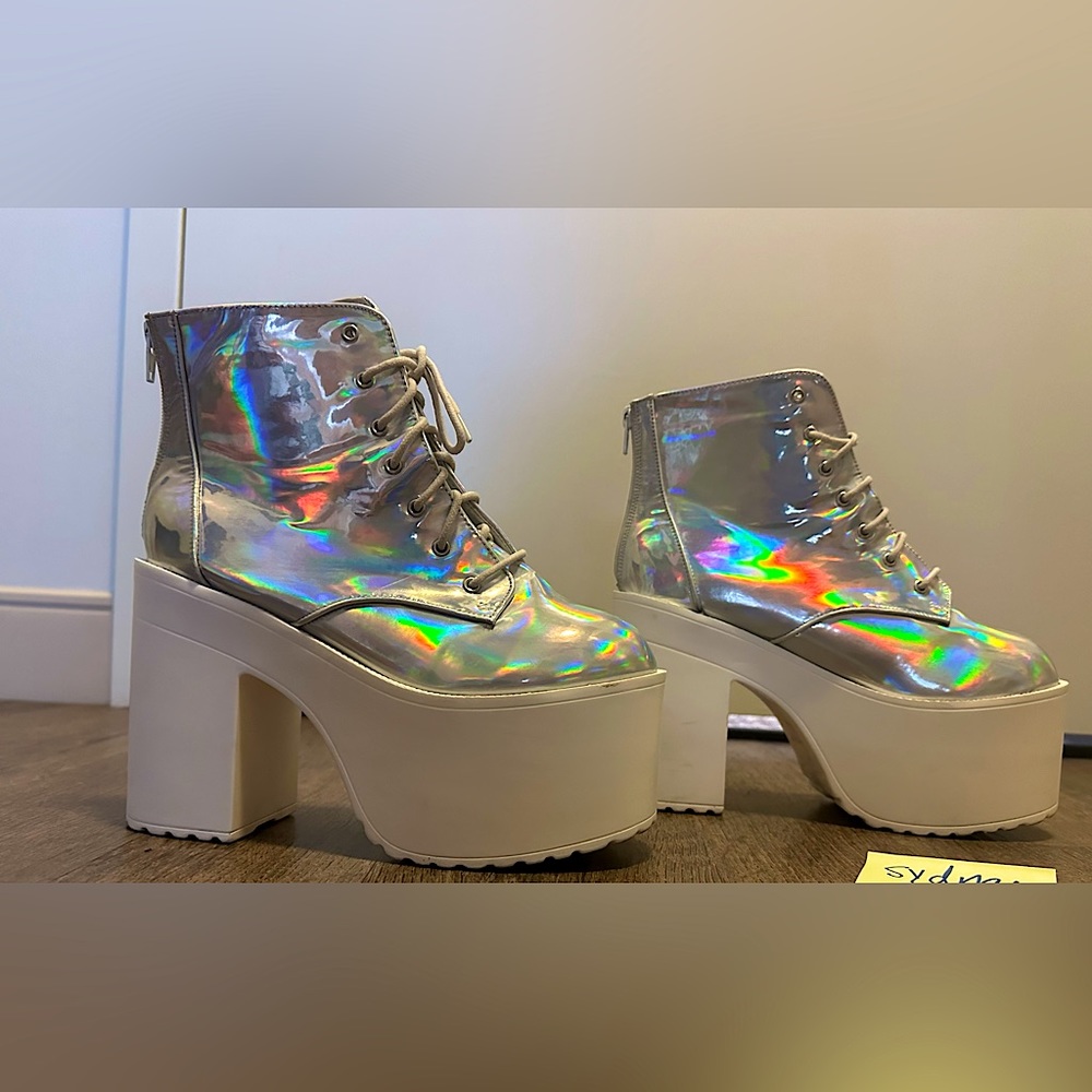 Dolls Kill Holographic Tough Attitude Platform Booties (Rave/EDM/Club shoes)